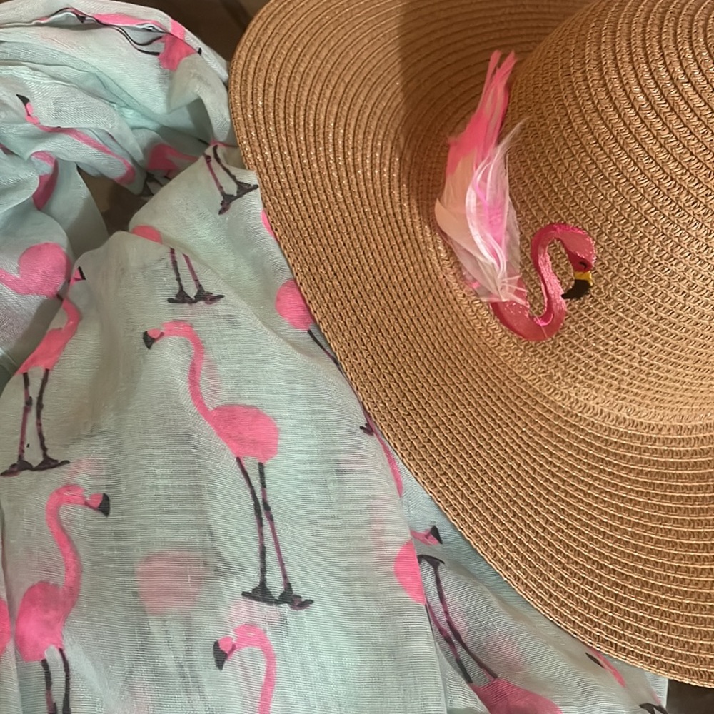 Summer Hat & Scarf Set, Flamingo Themed, Color: light green/hot pink